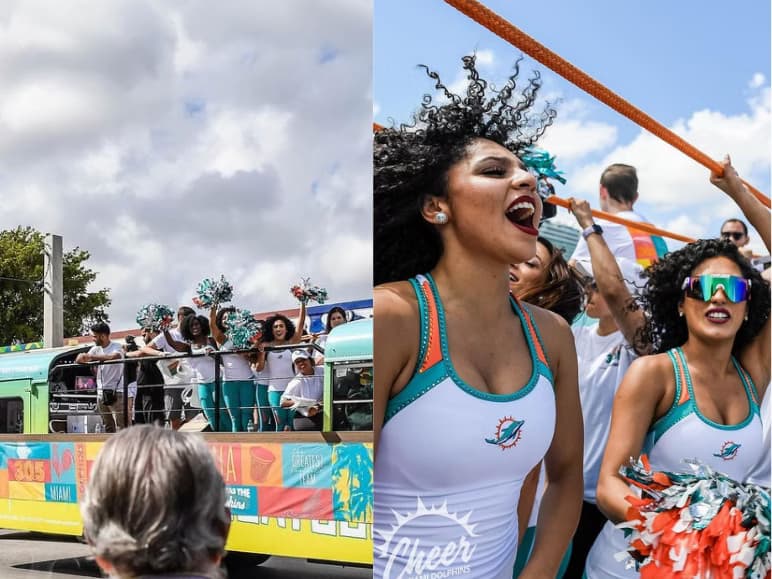 Miami Dolphins Dancers on board a Rumbatours Miami open air party bus