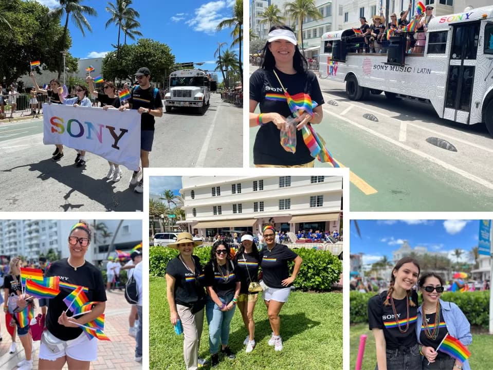 Collage from 2024 Pride Parade showing RumbaTours party bus branded by Sony Music with crowd interaction and DJ