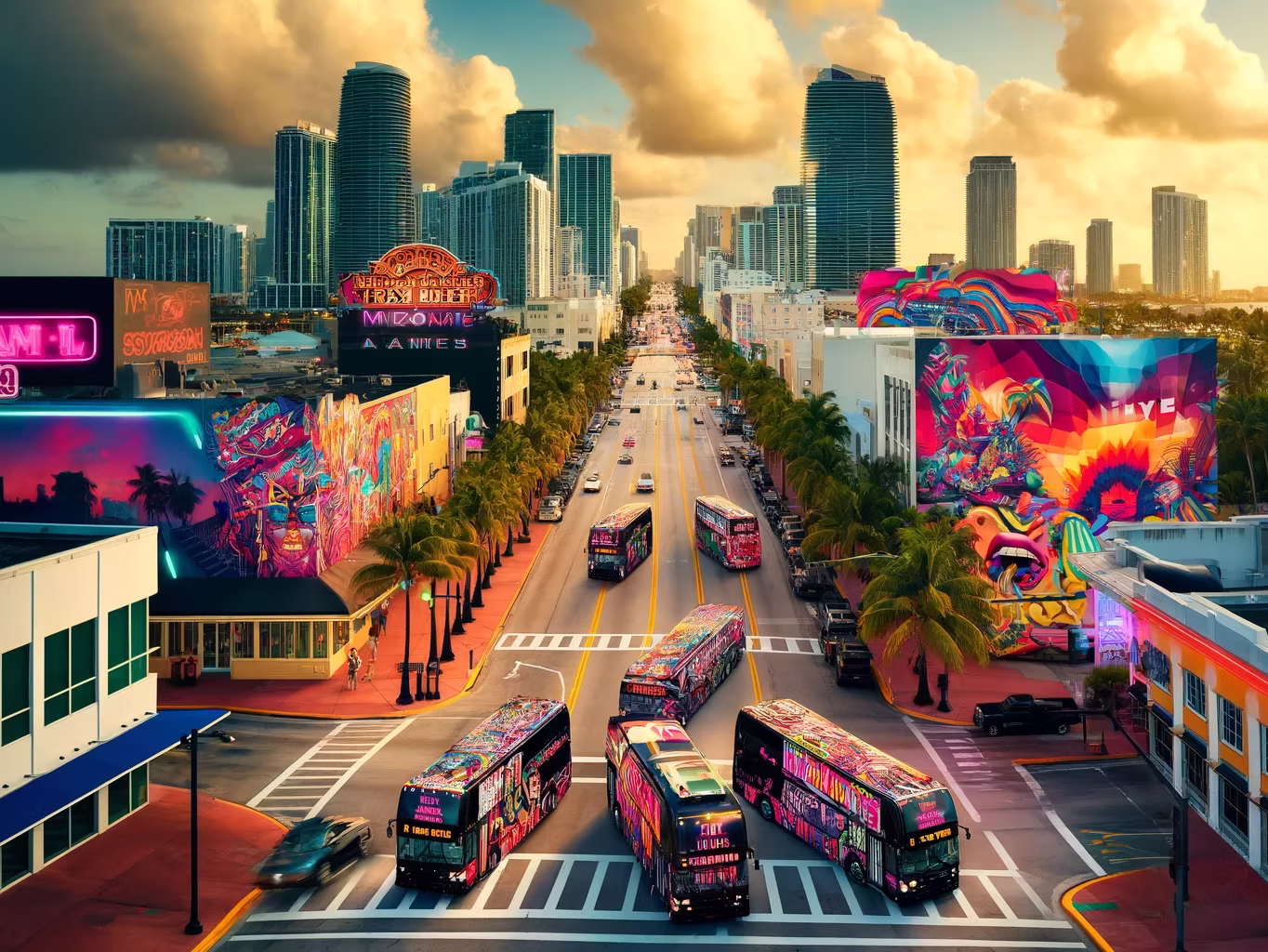 Mockup artist painting over Rumbatours Miami Open Air Party Bus during Art Basel