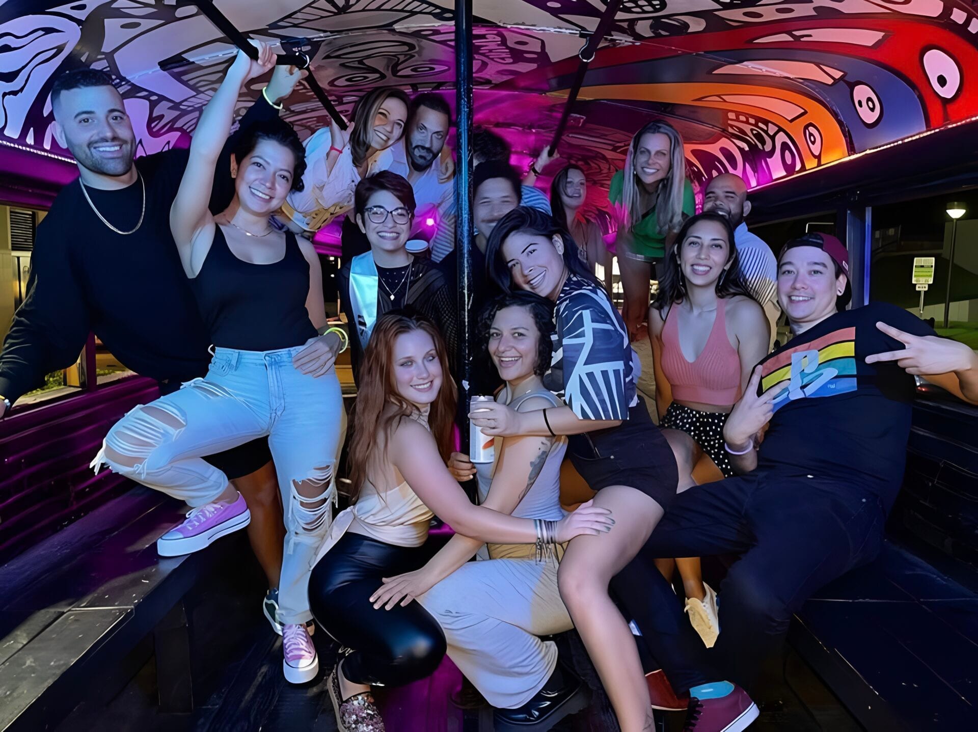 Party bus ready for group pickup at night