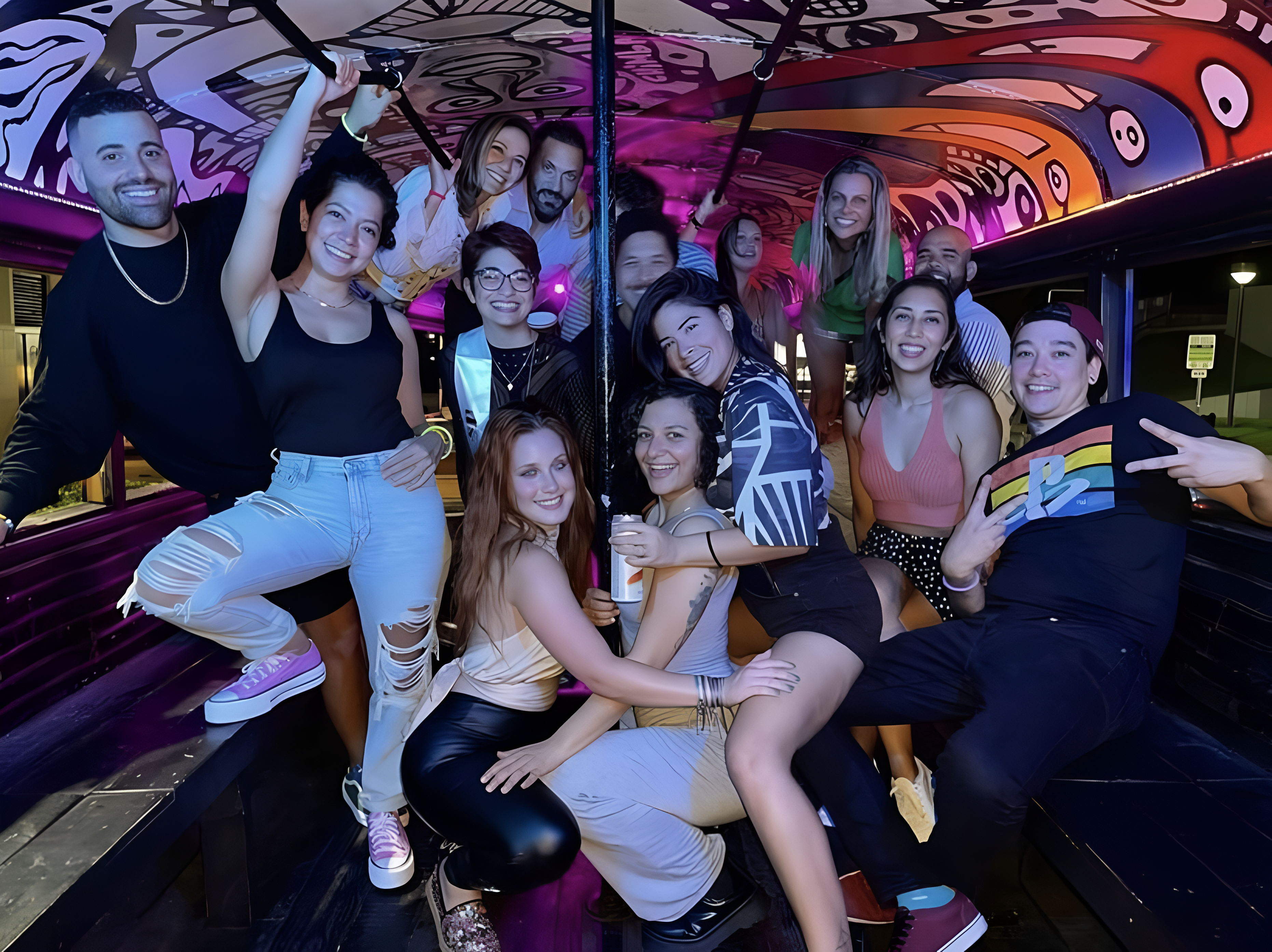 Party bus ready for group pickup at night